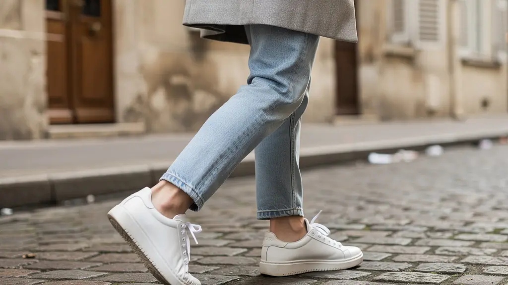 Femme marchant naturellement dans une rue pavée portant des baskets basses éco-responsables