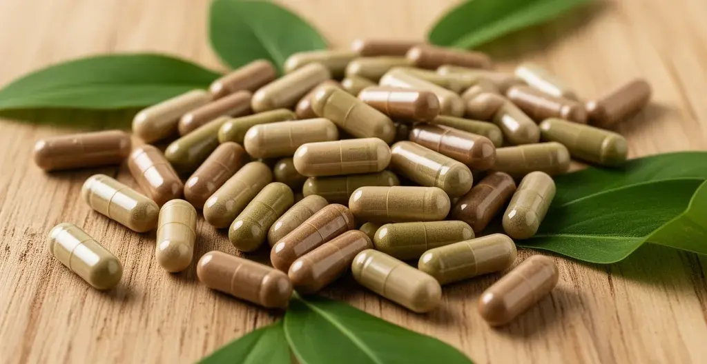 Gélules de compléments alimentaires naturels aux couleurs terreuses disposées sur surface en bois