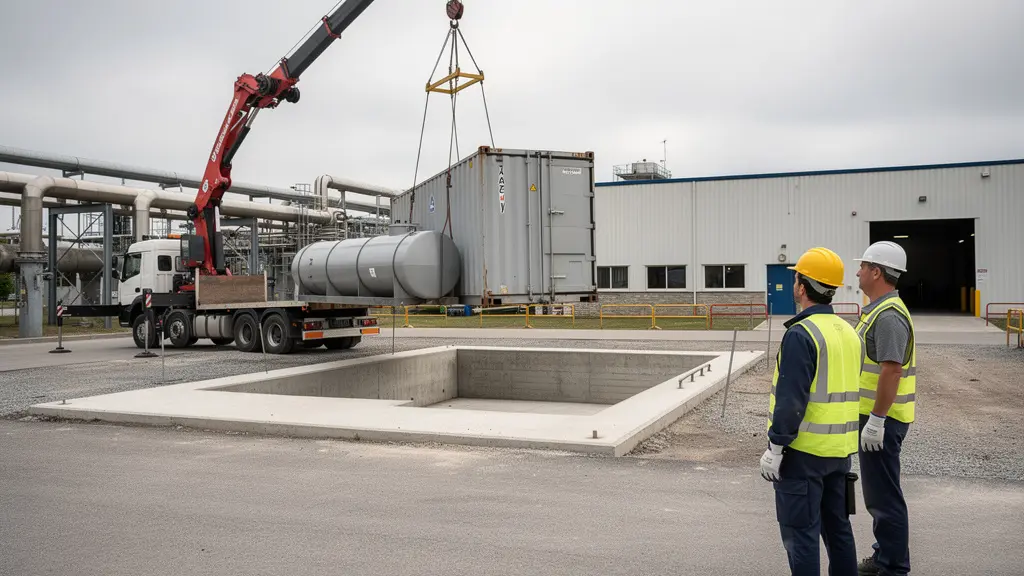 Grue mobile positionnant une cuve conteneurisée sur dalle béton lors de l'installation
