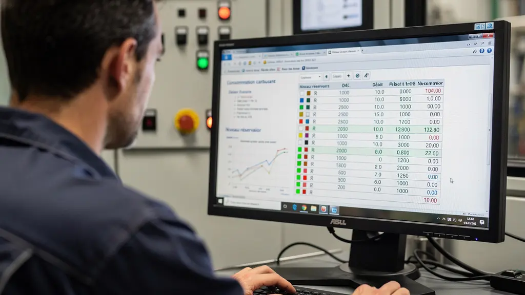 Opérateur consultant écran de supervision consommations carburant en cabine industrielle