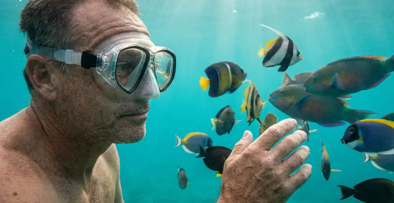 Plongeur observant la faune marine avec un masque de plongée correcteur en eau turquoise