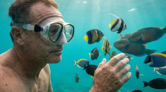 Plongeur observant la faune marine avec un masque de plongée correcteur en eau turquoise