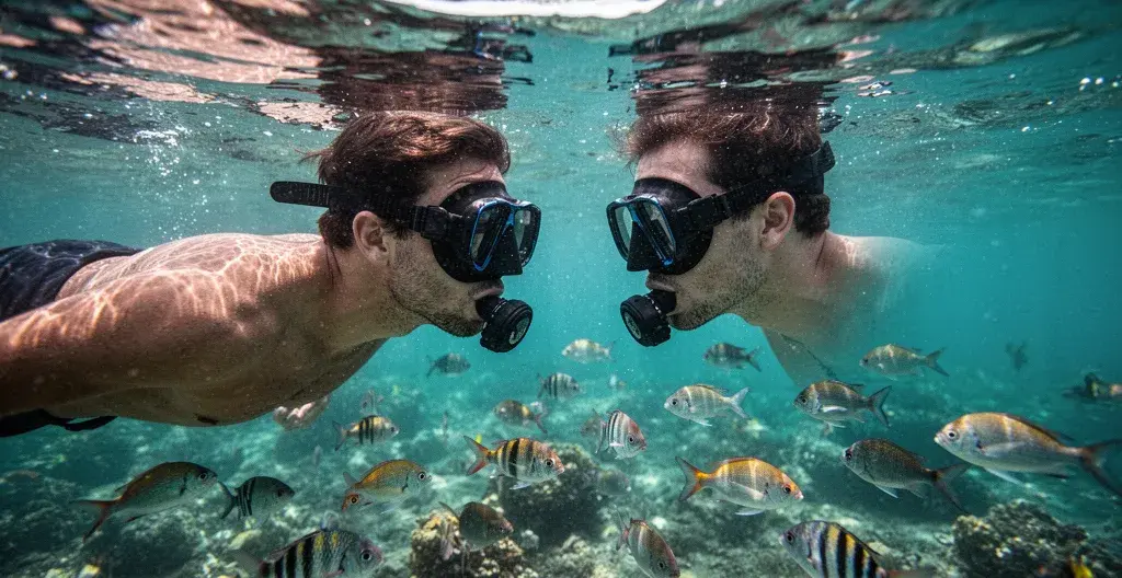 Snorkeleur observant des poissons tropicaux avec un masque de plongée correcteur