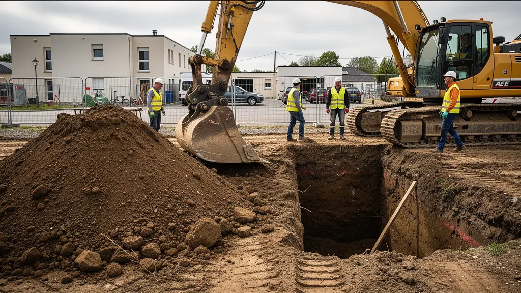 Travaux de terrassement pour installation cuve enterrée avec pelleteuse sur chantier