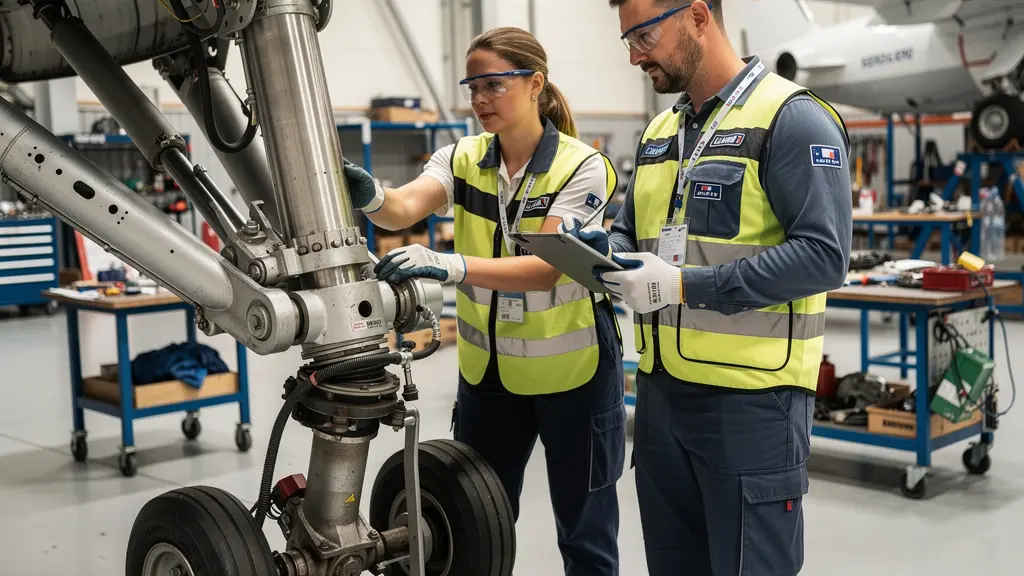 Deux techniciens aéronautiques collaborant sur un train d'atterrissage en atelier