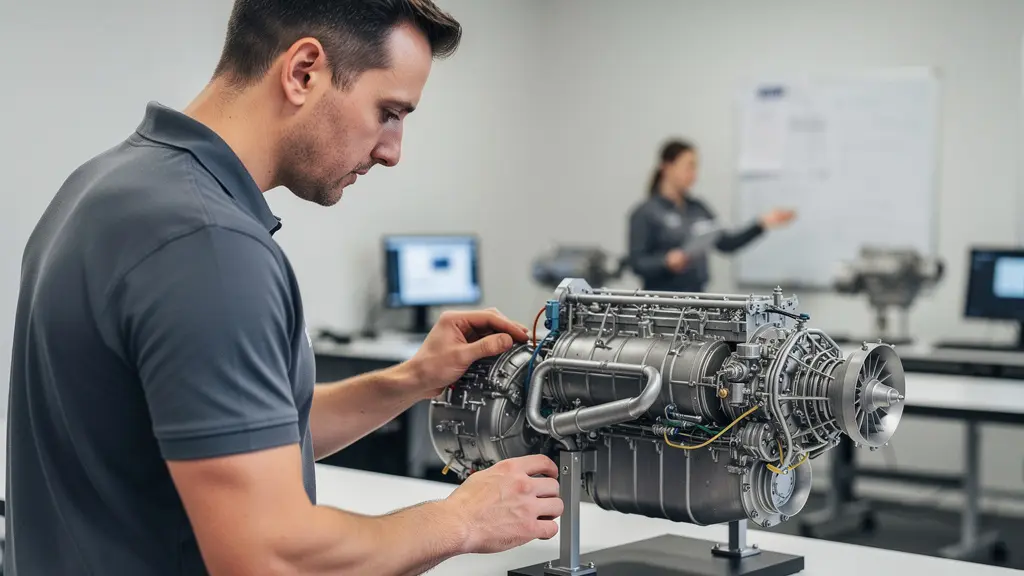 Adulte en formation aéronautique observant une maquette de moteur dans une salle de cours