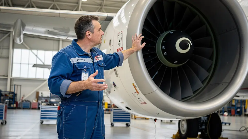 Technicien aéronautique inspectant un moteur de réacteur dans un hangar de maintenance