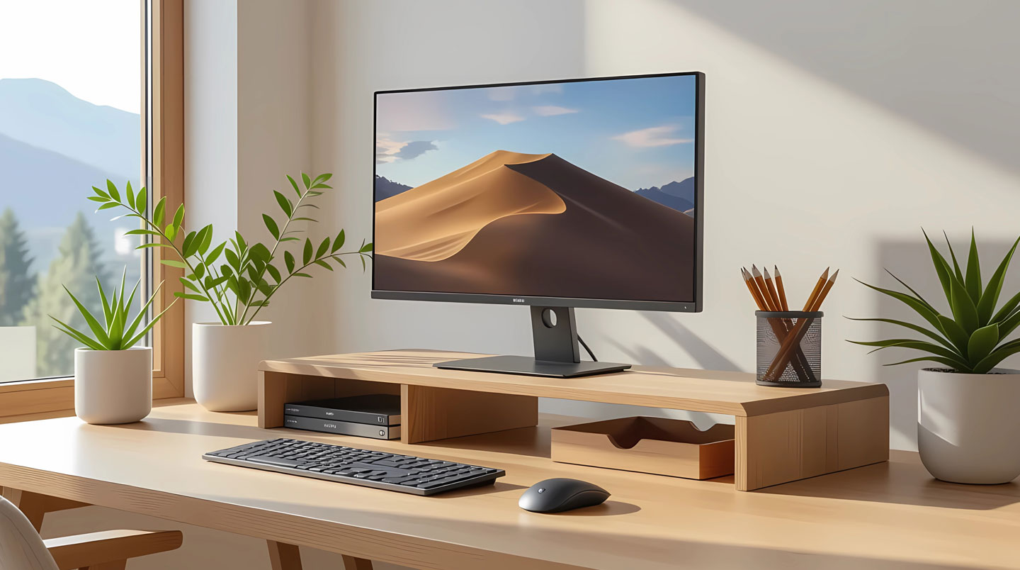 Vue large d'un bureau contemporain épuré avec deux écrans d'ordinateur montés sur un bras articulé, abondante lumière naturelle provenant d'une fenêtre latérale
