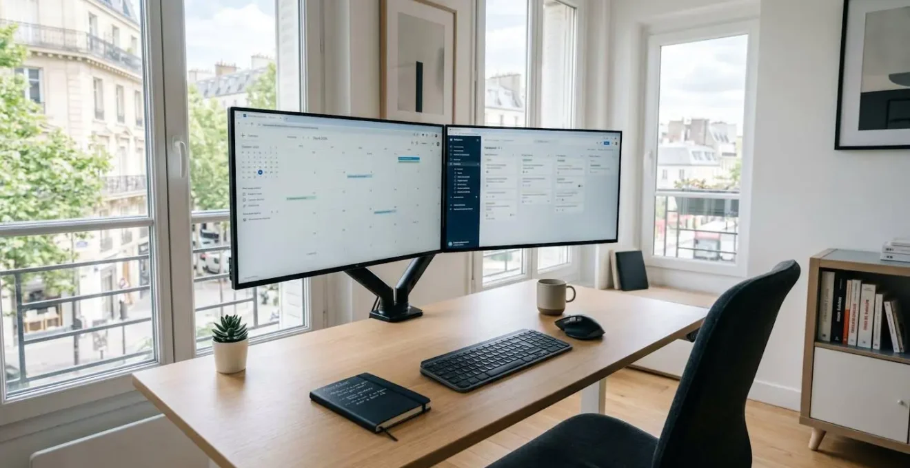Vue large d'un bureau contemporain épuré avec deux écrans d'ordinateur montés sur un bras articulé, abondante lumière naturelle provenant d'une fenêtre latérale