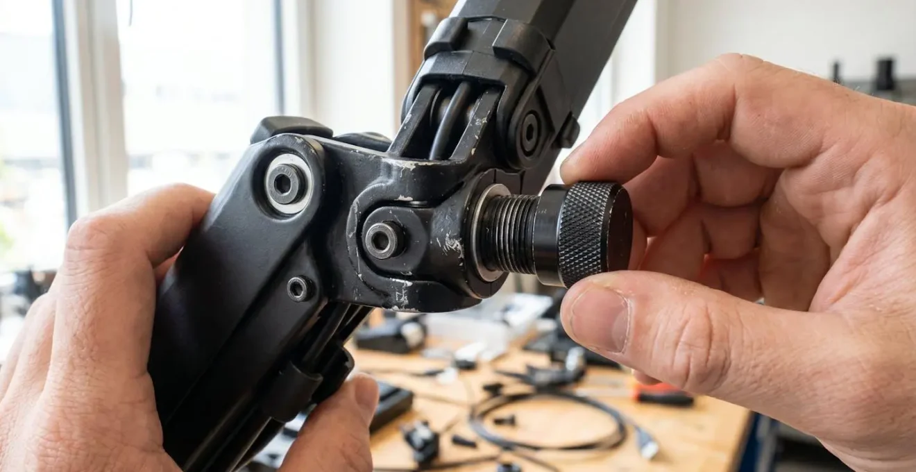 Gros plan sur des mains ajustant la molette de réglage d'un bras articulé pour écran, avec un arrière-plan de bureau moderne légèrement flouté