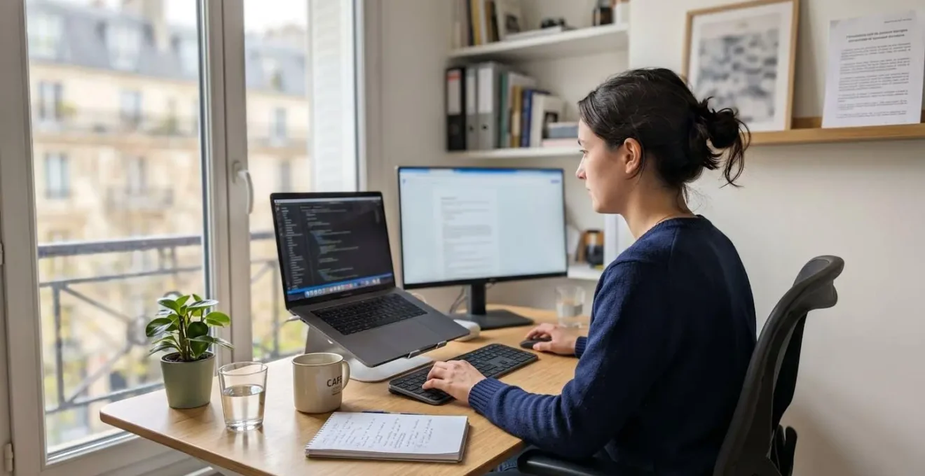 Une personne vue de dos travaille à un bureau épuré avec un écran d'ordinateur positionné à hauteur des yeux, dans un environnement lumineux contemporain