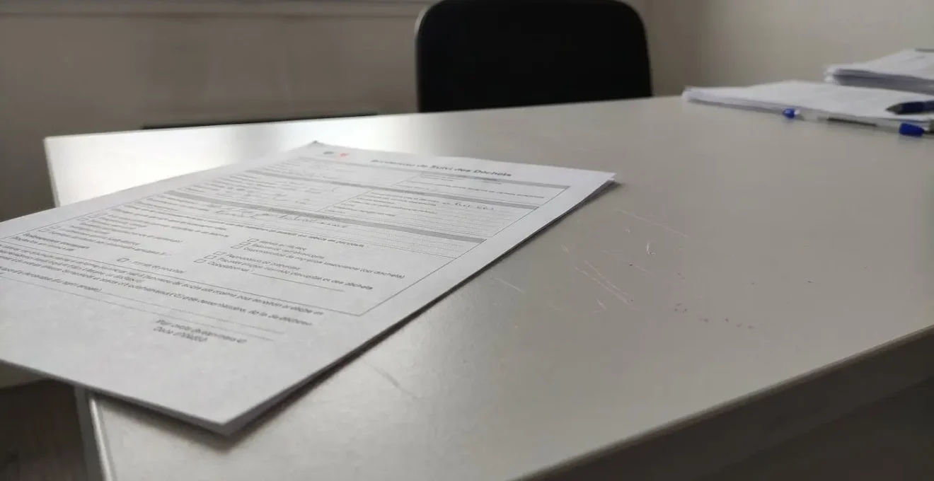 Document administratif de traçabilité des déchets (Bordereau de Suivi des Déchets) sur un bureau, avec sections de signature et tampons officiels partiellement visibles