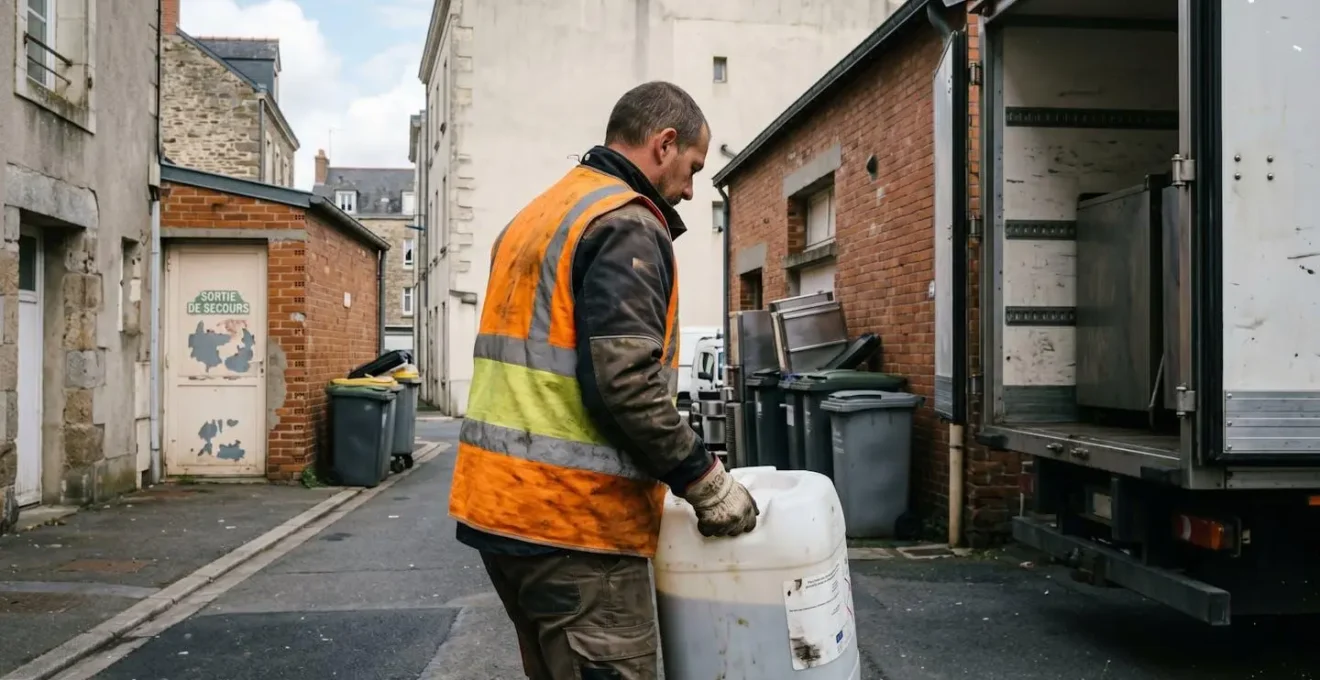 Collecteur professionnel manipulant un bidon sécurisé d'huiles alimentaires usagées lors d'une intervention à Nantes, vêtu d'un gilet de sécurité