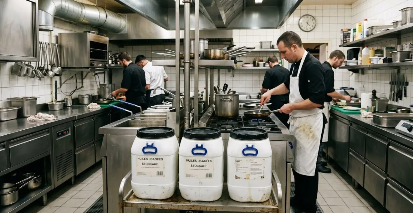 Zone de stockage dédiée aux huiles alimentaires usagées dans une cuisine professionnelle nantaise, avec bidons de collecte sécurisés près des équipements de cuisson