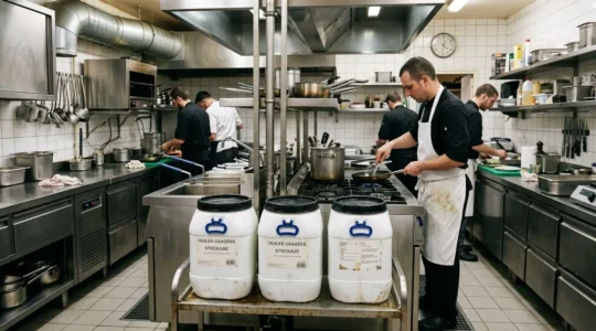 Zone de stockage dédiée aux huiles alimentaires usagées dans une cuisine professionnelle nantaise, avec bidons de collecte sécurisés près des équipements de cuisson