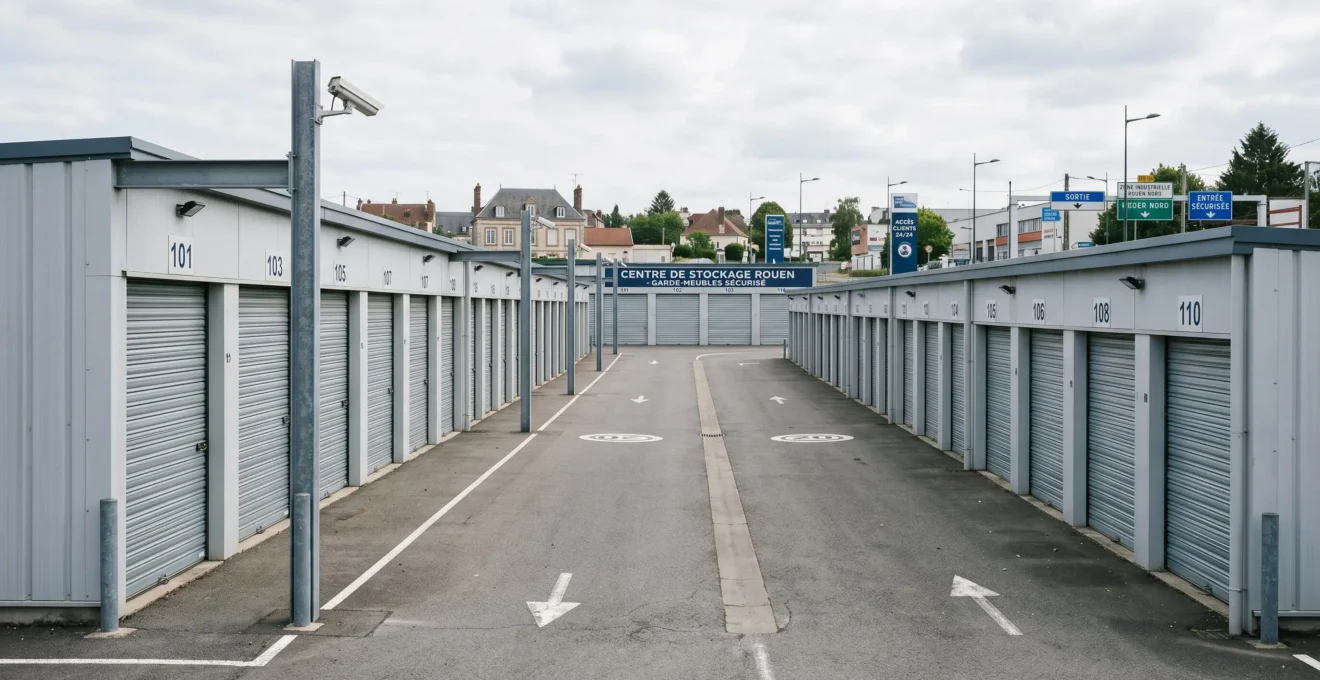Vue extérieure d'un centre de self-stockage moderne avec allée centrale bordée de boxes métalliques individuels numérotés, zone d'accès véhicule et vidéosurveillance visible, architecture industrielle fonctionnelle sous ciel normand.