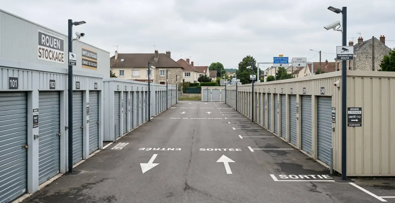 Vue extérieure d'un centre de self-stockage moderne avec allée centrale bordée de boxes métalliques individuels numérotés, zone d'accès véhicule et vidéosurveillance visible, architecture industrielle fonctionnelle sous ciel normand.