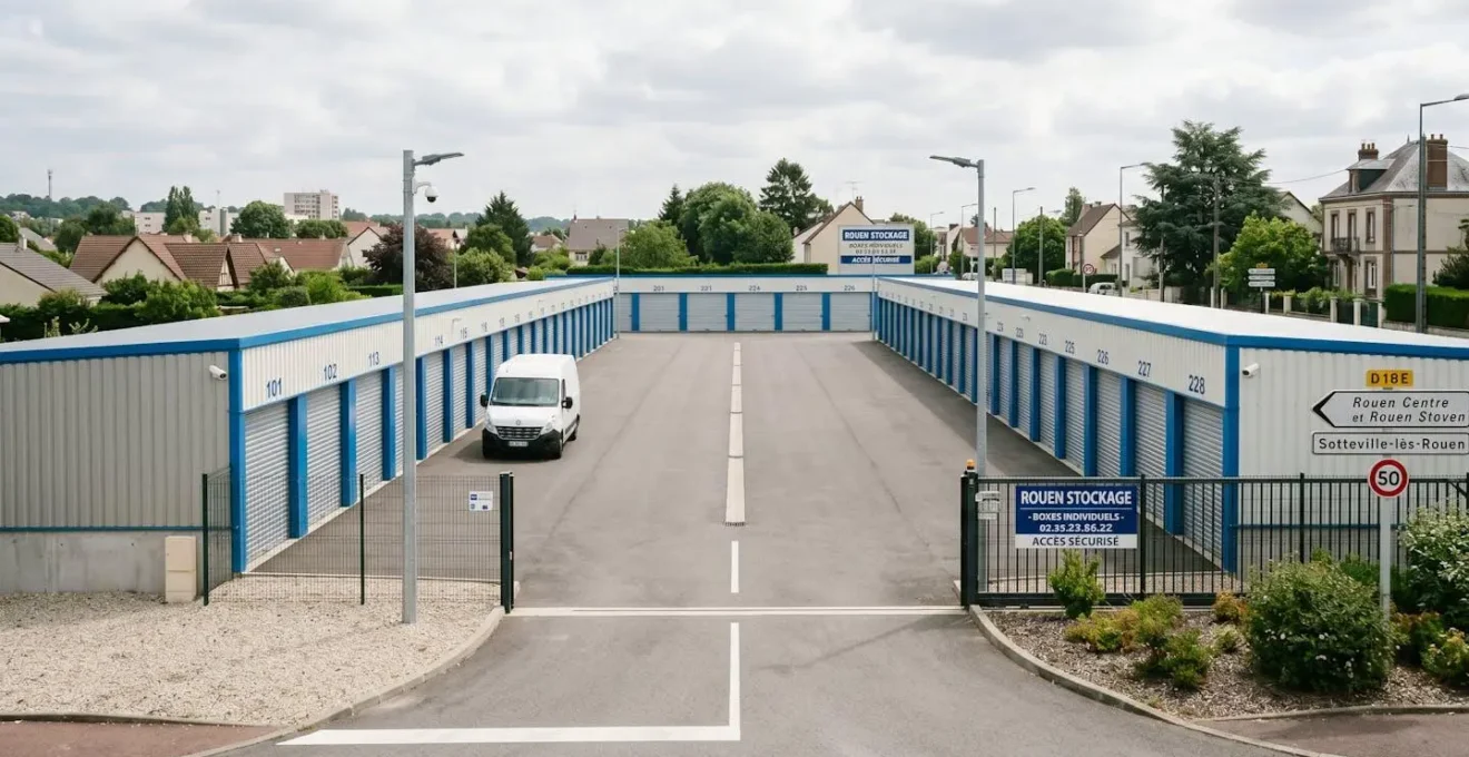 Vue extérieure d'un centre de self-stockage moderne avec allée centrale bordée de boxes métalliques individuels numérotés, zone d'accès véhicule et vidéosurveillance visible, architecture industrielle fonctionnelle sous ciel normand.