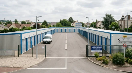 Vue extérieure d'un centre de self-stockage moderne avec allée centrale bordée de boxes métalliques individuels numérotés, zone d'accès véhicule et vidéosurveillance visible, architecture industrielle fonctionnelle sous ciel normand.