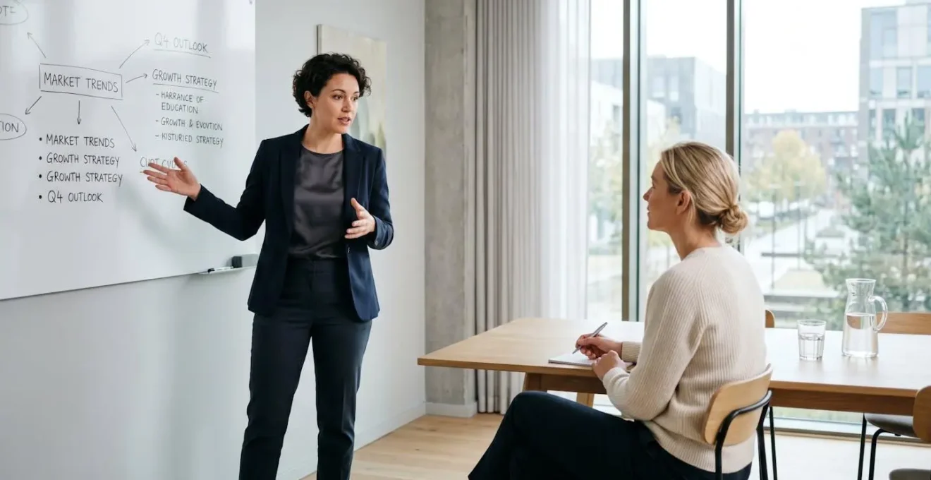 Consultant en portage salarial lors d'une réunion professionnelle avec un client, posture confiante et engagée