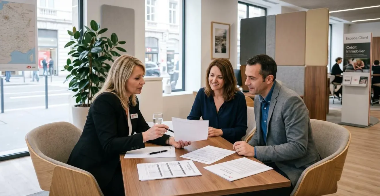 Couple de quadragénaires en rendez-vous avec un conseiller bancaire pour un projet immobilier