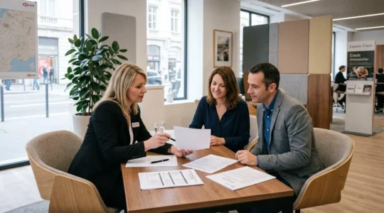Couple de quadragénaires en rendez-vous avec un conseiller bancaire pour un projet immobilier