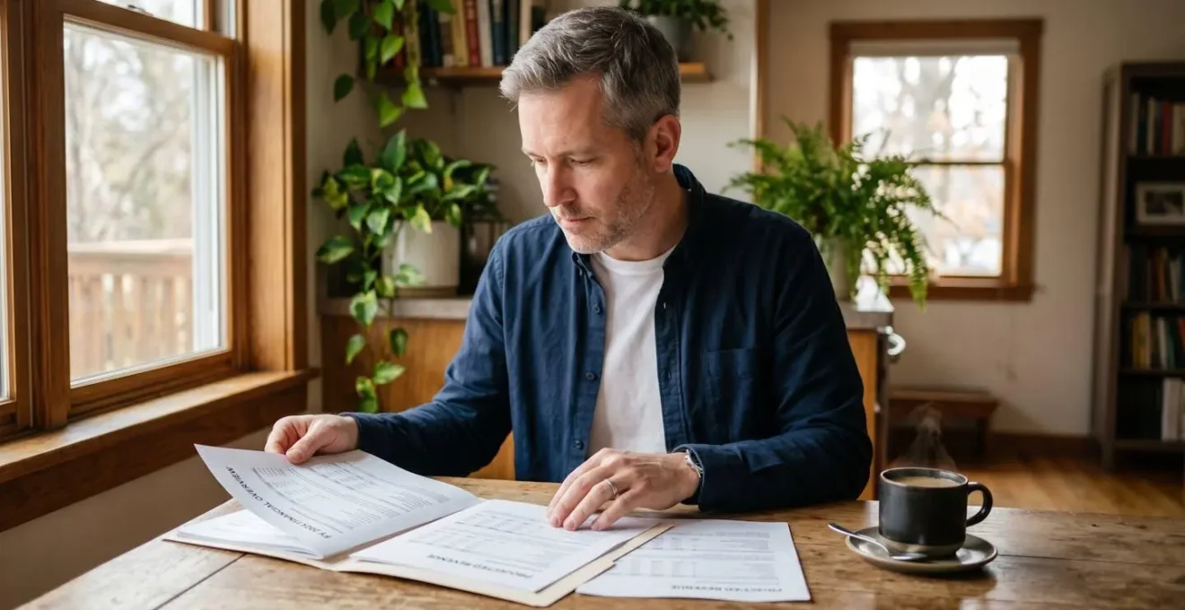 Personne en train d'analyser des documents financiers liés à son assurance vie, stylo levé, lumière naturelle