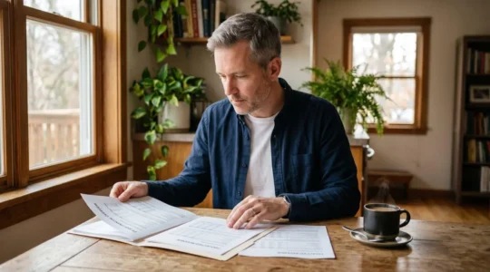 Personne en train d'analyser des documents financiers liés à son assurance vie, stylo levé, lumière naturelle