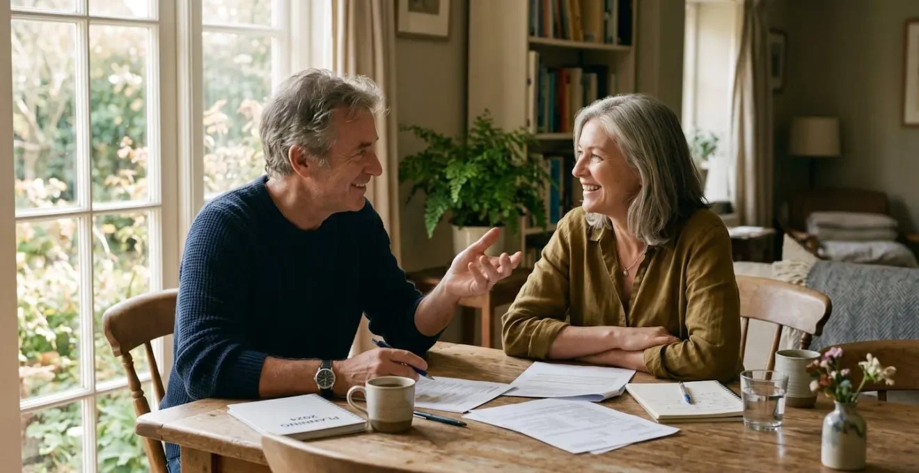 Couple quinquagénaire discutant sereinement de transmission de patrimoine avec des documents sur la table