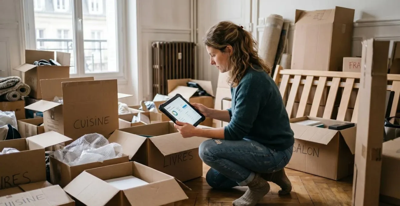 Femme accroupie dans un appartement rouennais entourée de cartons de déménagement et meubles démontés, consultant une tablette pour évaluer son volume de stockage nécessaire.