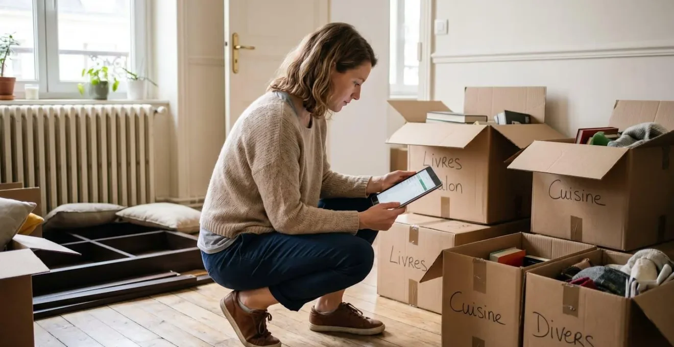 Femme accroupie dans un appartement rouennais entourée de cartons de déménagement et meubles démontés, consultant une tablette pour évaluer son volume de stockage nécessaire.