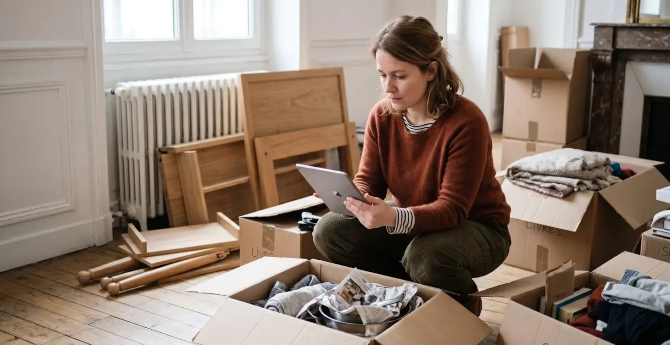 Femme accroupie dans un appartement rouennais entourée de cartons de déménagement et meubles démontés, consultant une tablette pour évaluer son volume de stockage nécessaire.