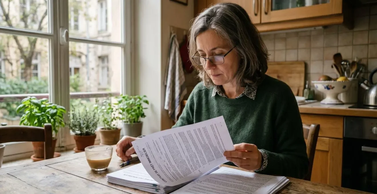 Femme d'une cinquantaine d'années analysant des documents de prêt immobilier à son domicile