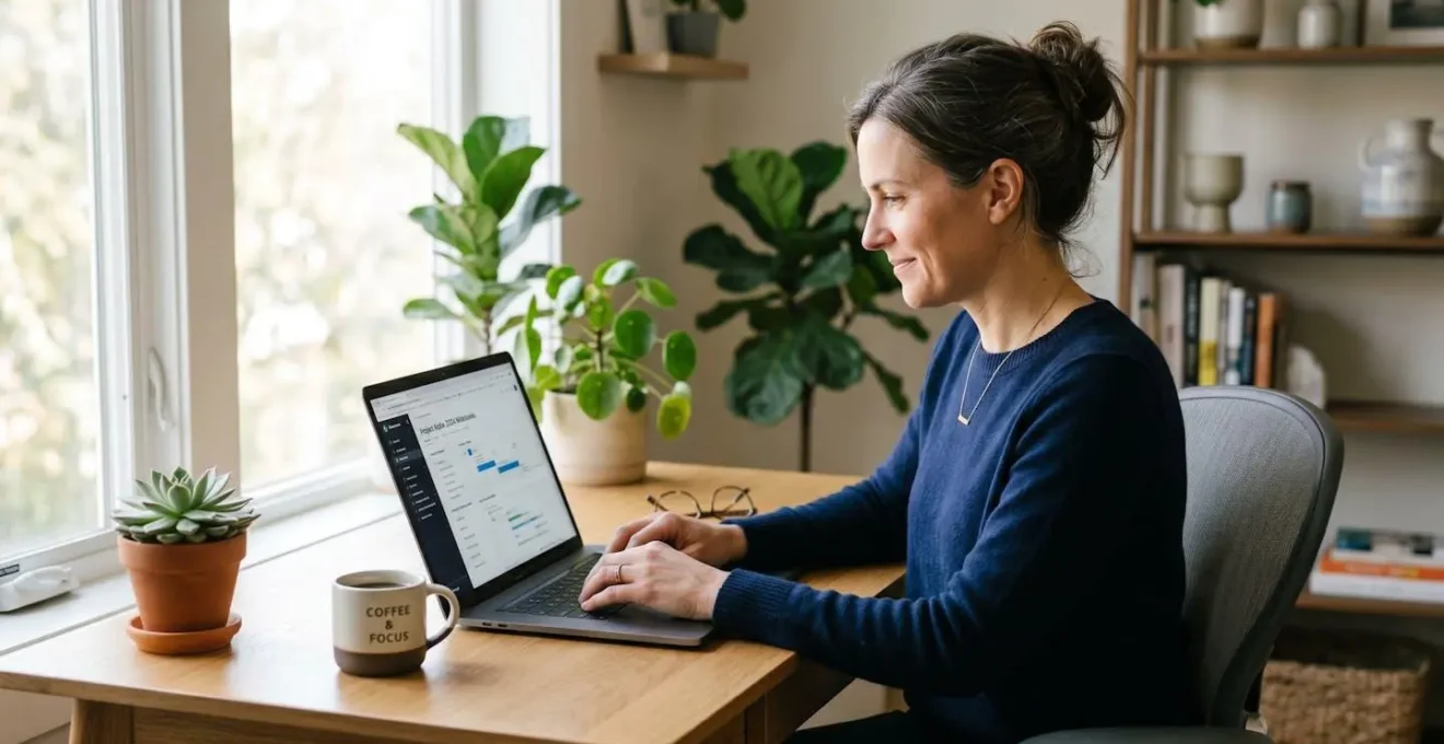 Consultant freelance travaillant sereinement sur son ordinateur dans un espace de travail moderne et lumineux