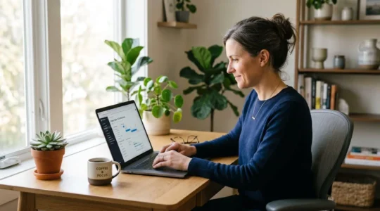 Consultant freelance travaillant sereinement sur son ordinateur dans un espace de travail moderne et lumineux