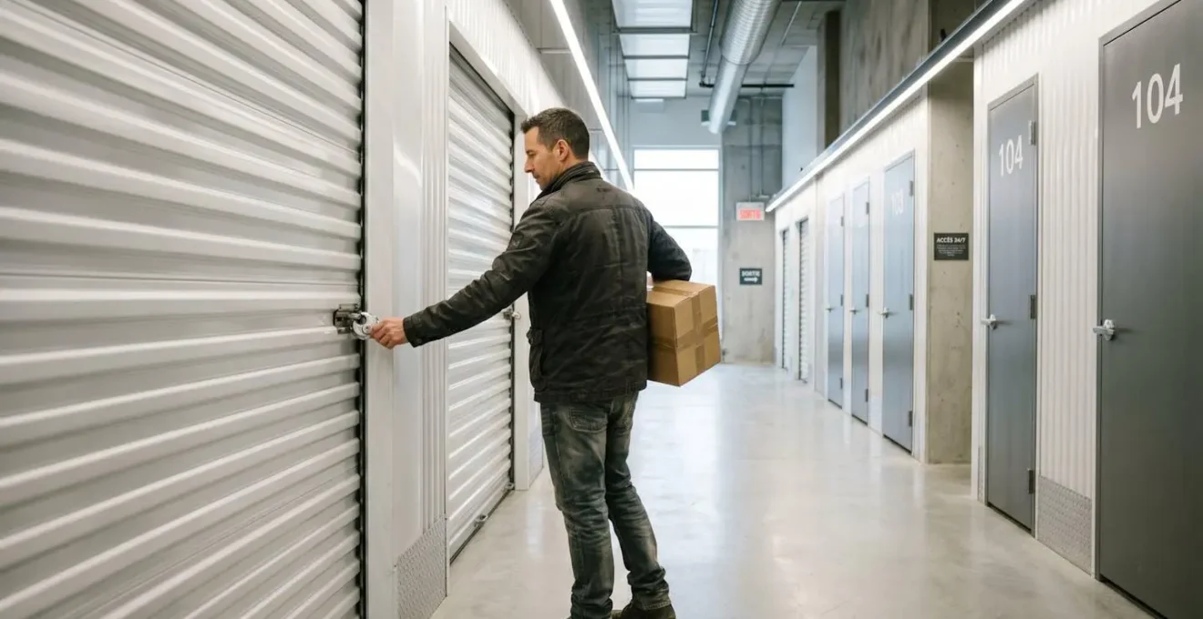 Homme ouvrant la porte métallique de son box de stockage avec un cadenas personnel dans un couloir intérieur bien éclairé d'un centre de self-stockage moderne.