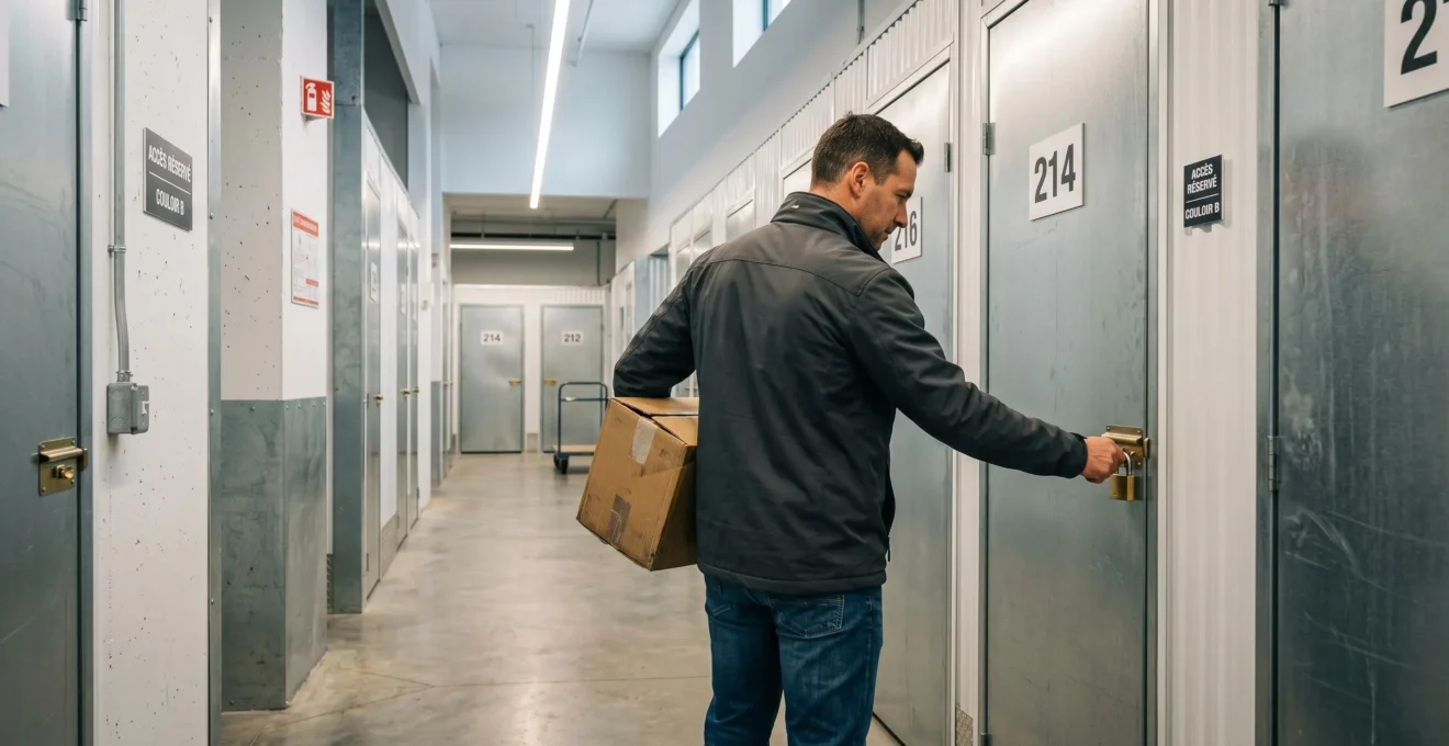 Homme ouvrant la porte métallique de son box de stockage avec un cadenas personnel dans un couloir intérieur bien éclairé d'un centre de self-stockage moderne.