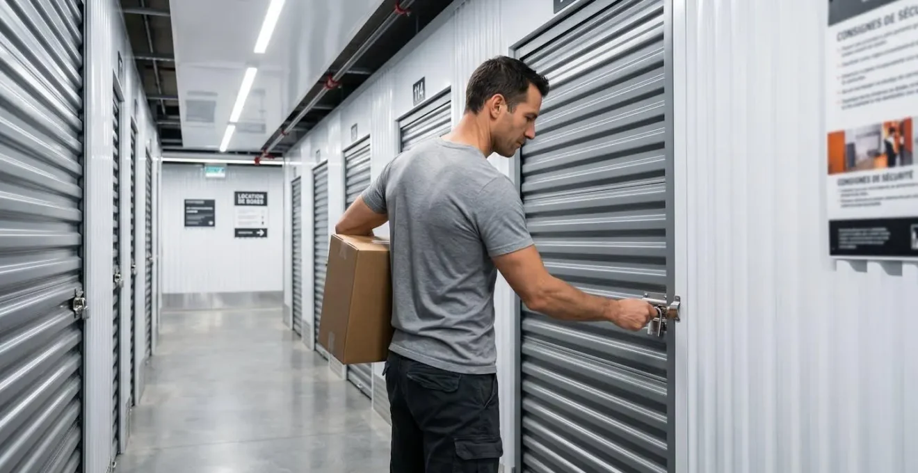 Homme ouvrant la porte métallique de son box de stockage avec un cadenas personnel dans un couloir intérieur bien éclairé d'un centre de self-stockage moderne.