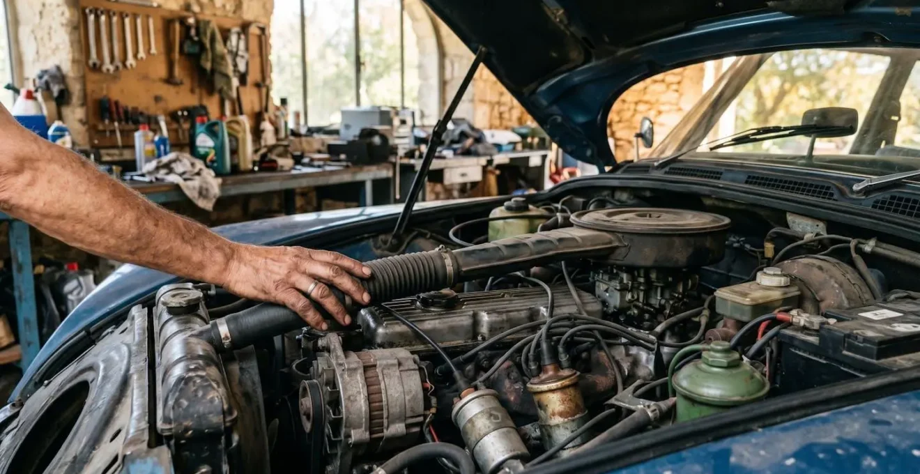 Vue sous le capot d'une voiture d'occasion illustrant la mécanique moteur diesel ou essence