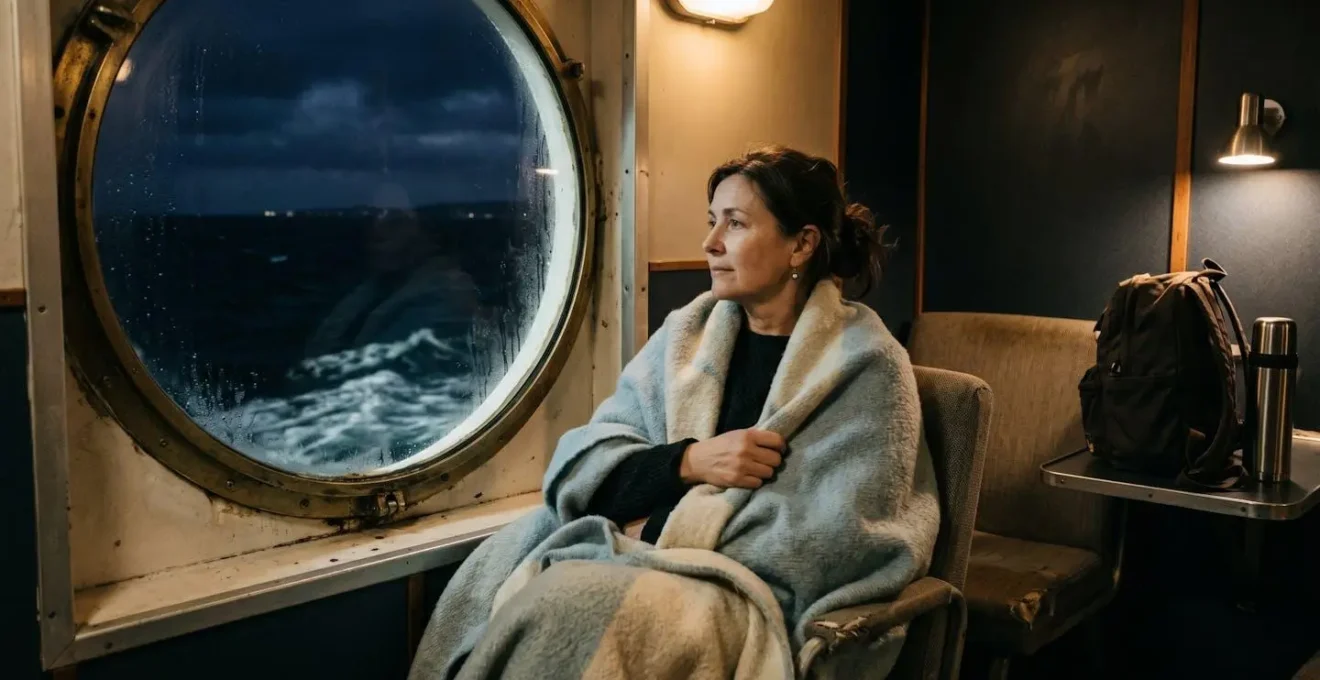 Passagère enveloppée dans un plaid léger regardant la mer par le hublot d'un ferry de nuit
