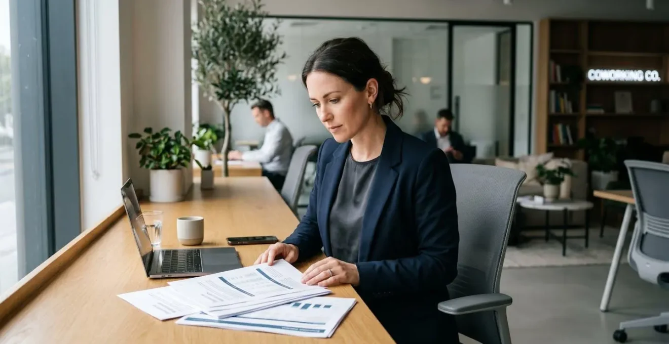 Professionnel analysant des documents relatifs à son statut de salarié porté dans un espace de travail contemporain