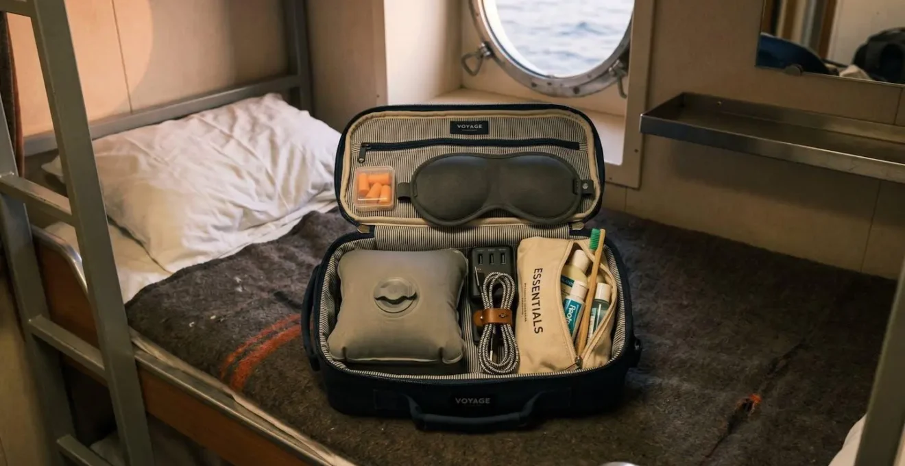 Sac de cabine ouvert avec bouchons d'oreilles, masque de sommeil et coussin de voyage posés sur une couchette de ferry