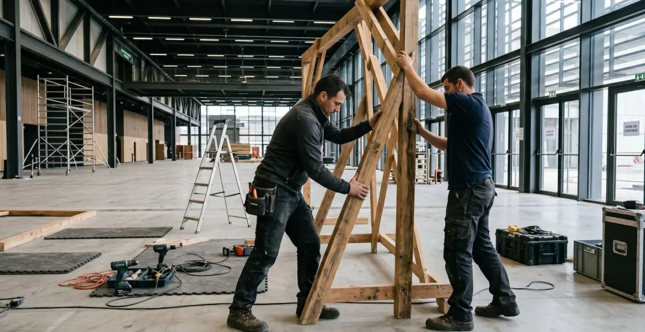 Techniciens professionnels installant une structure décorative en bois de 2,5 mètres de hauteur dans salle événementielle vide, équipement d'installation et outils visibles au sol, coordination d'équipe en action