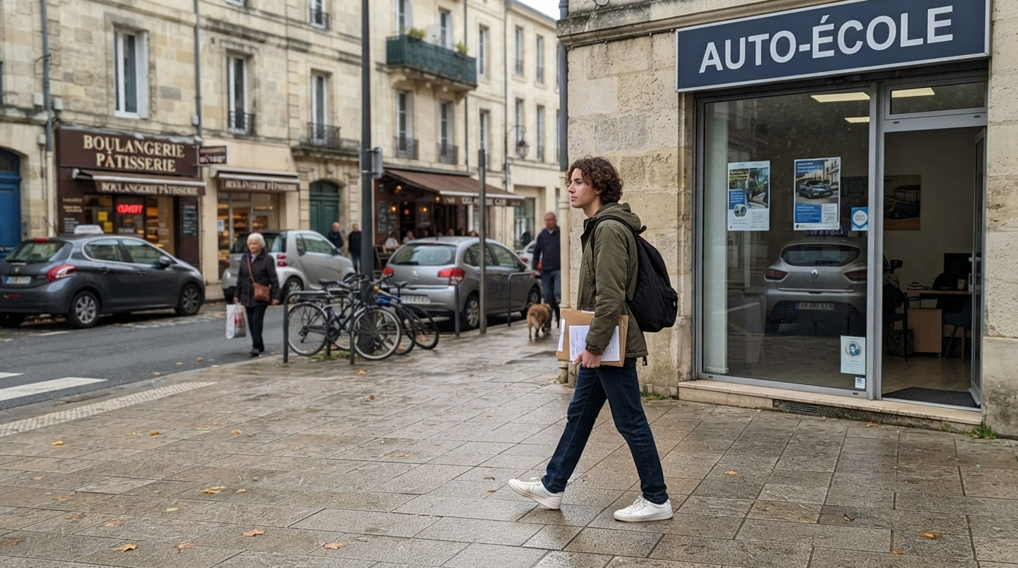 Façade d'une auto-école à Cholet avec véhicule école stationné devant, environnement urbain authentique