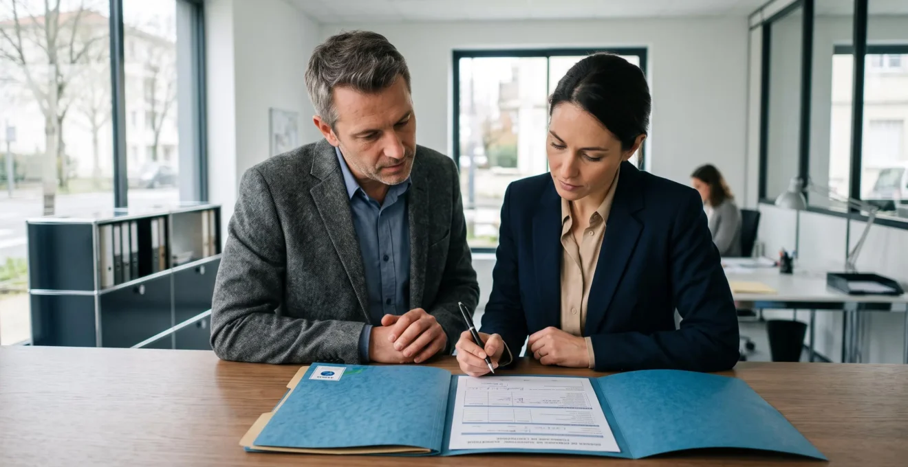 Consultant debout présentant un dossier de demande de subvention à un dirigeant d'entreprise, main pointant un élément précis du document.