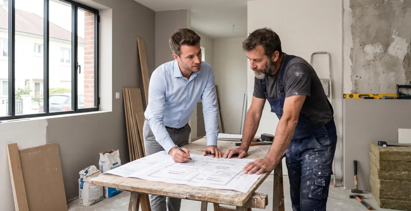 Courtier en travaux et artisan debout dans un appartement en rénovation, tous deux penchés sur un plan de travaux ouvert, discutant des détails du chantier avec matériaux visibles en arrière-plan