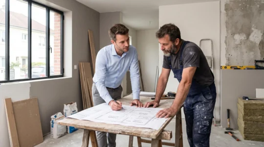 Courtier en travaux et artisan debout dans un appartement en rénovation, tous deux penchés sur un plan de travaux ouvert, discutant des détails du chantier avec matériaux visibles en arrière-plan