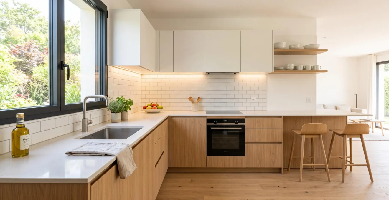 Cuisine contemporaine entièrement rénovée avec mobilier épuré, plan de travail en quartz, électroménager intégré et grande fenêtre apportant lumière naturelle abondante