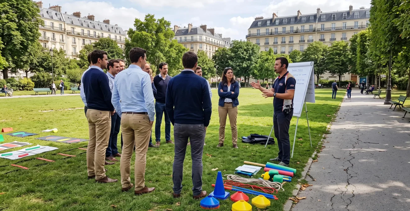 Groupe de collaborateurs participant à une activité de team building outdoor encadrée par un animateur professionnel dans un parc parisien, avec matériel d'animation visible au premier plan