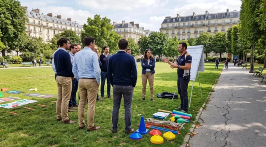 Groupe de collaborateurs participant à une activité de team building outdoor encadrée par un animateur professionnel dans un parc parisien, avec matériel d'animation visible au premier plan